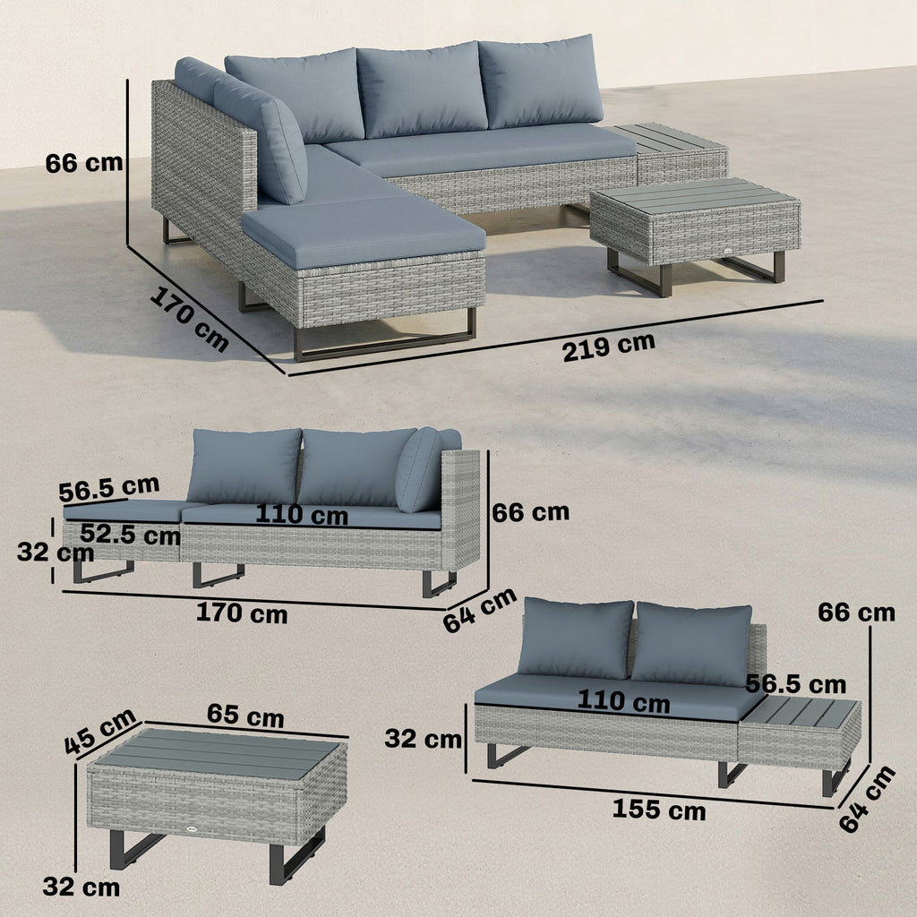 5-Seater Rattan Corner Sofa with Adjustable Backs, Table & Cushions, Grey