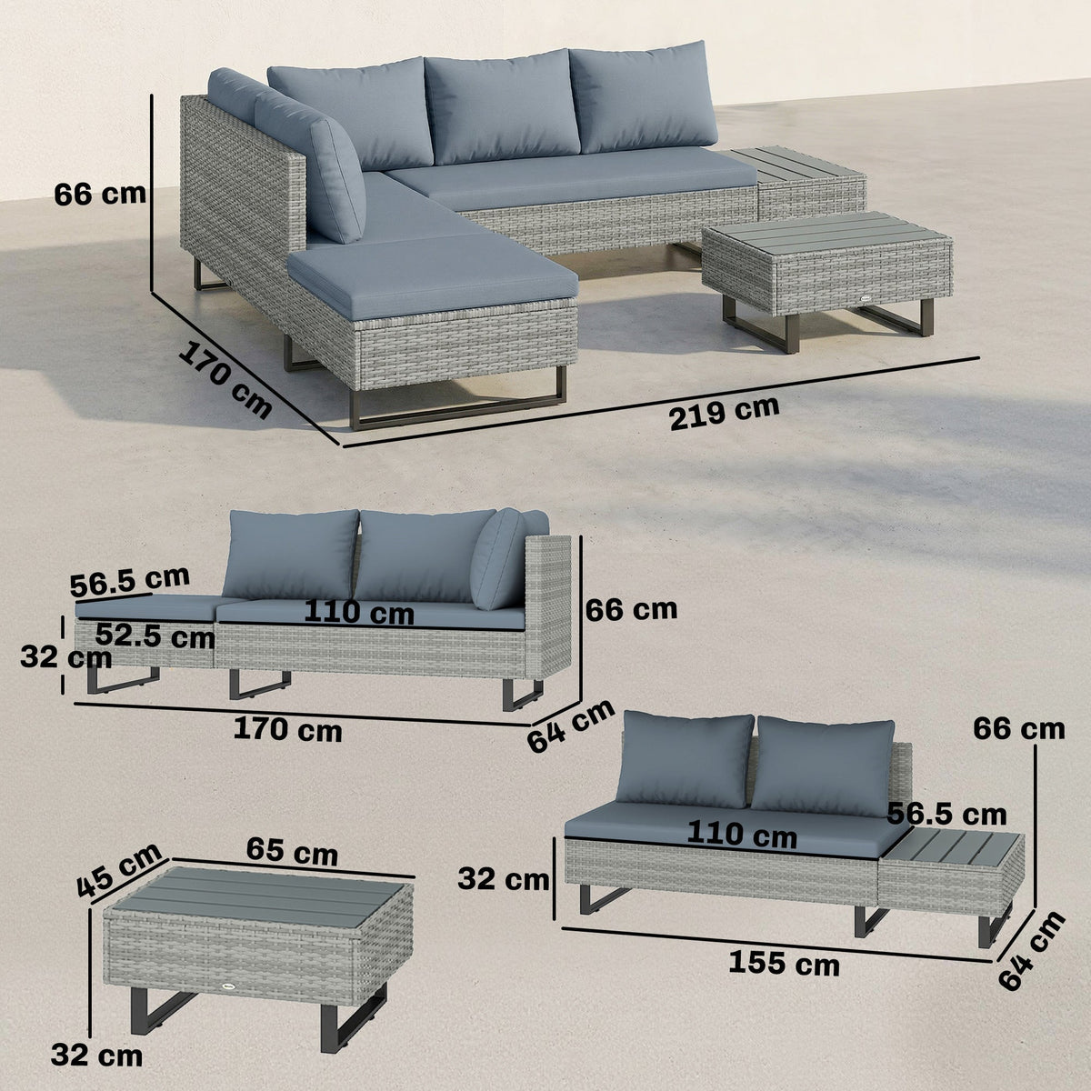 5-Seater Rattan Corner Sofa with Adjustable Backs, Table & Cushions, Grey