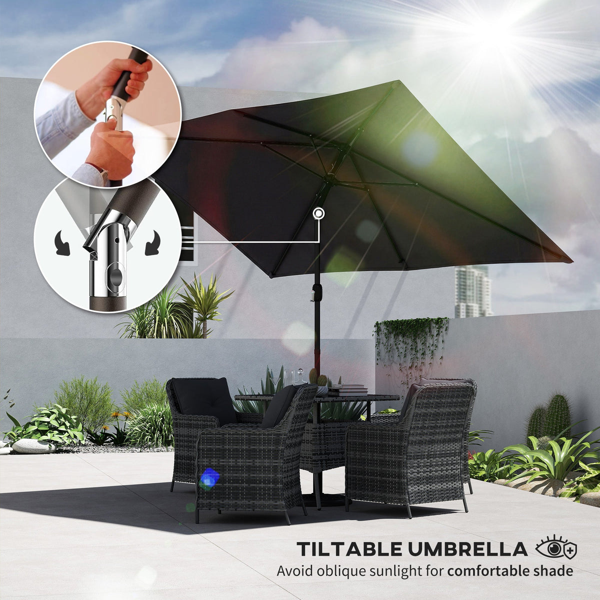 3 x 2 m Garden Parasol with Crank Handle and Tilt Function, Black