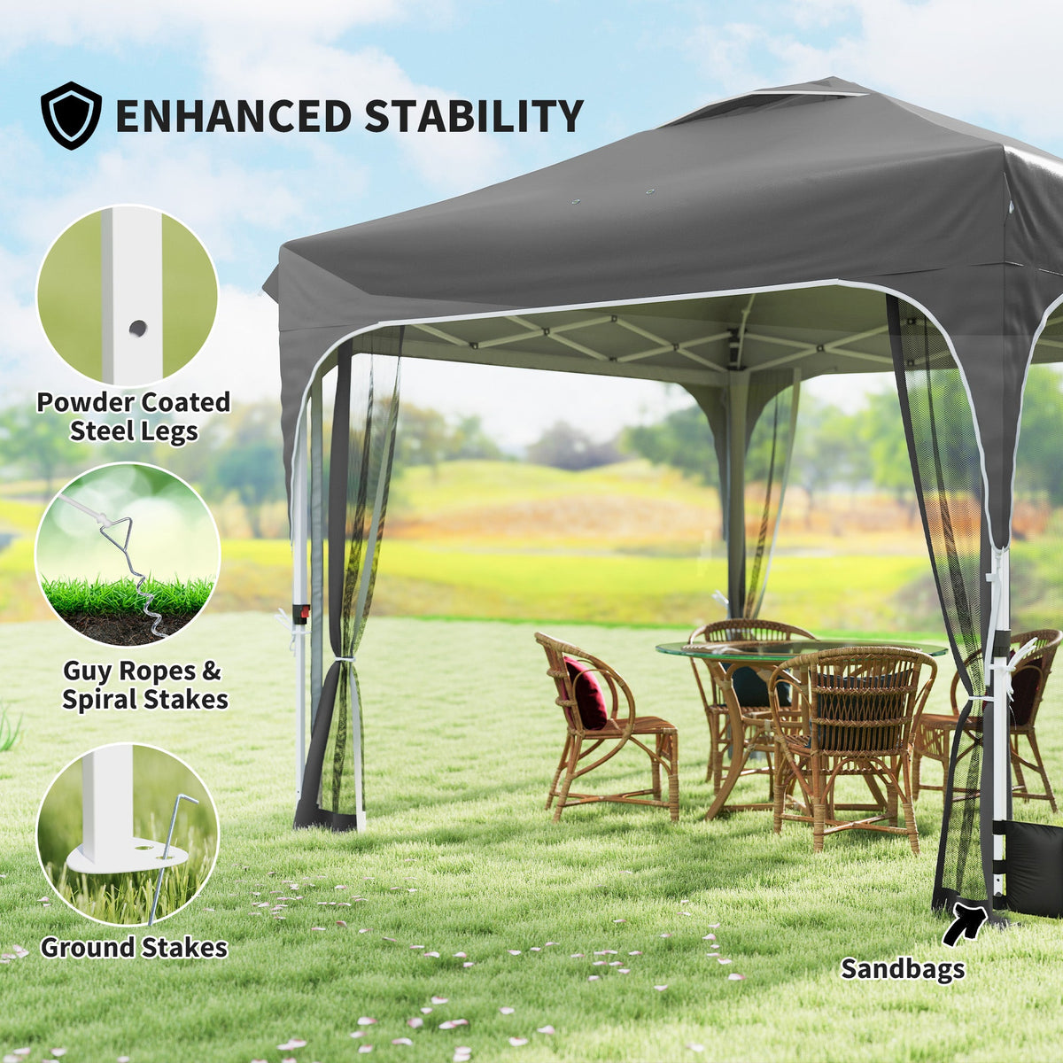 10 x 10 ft Pop Up Canopy Tent with Mosquito Netting and Sandbags, Dark Grey