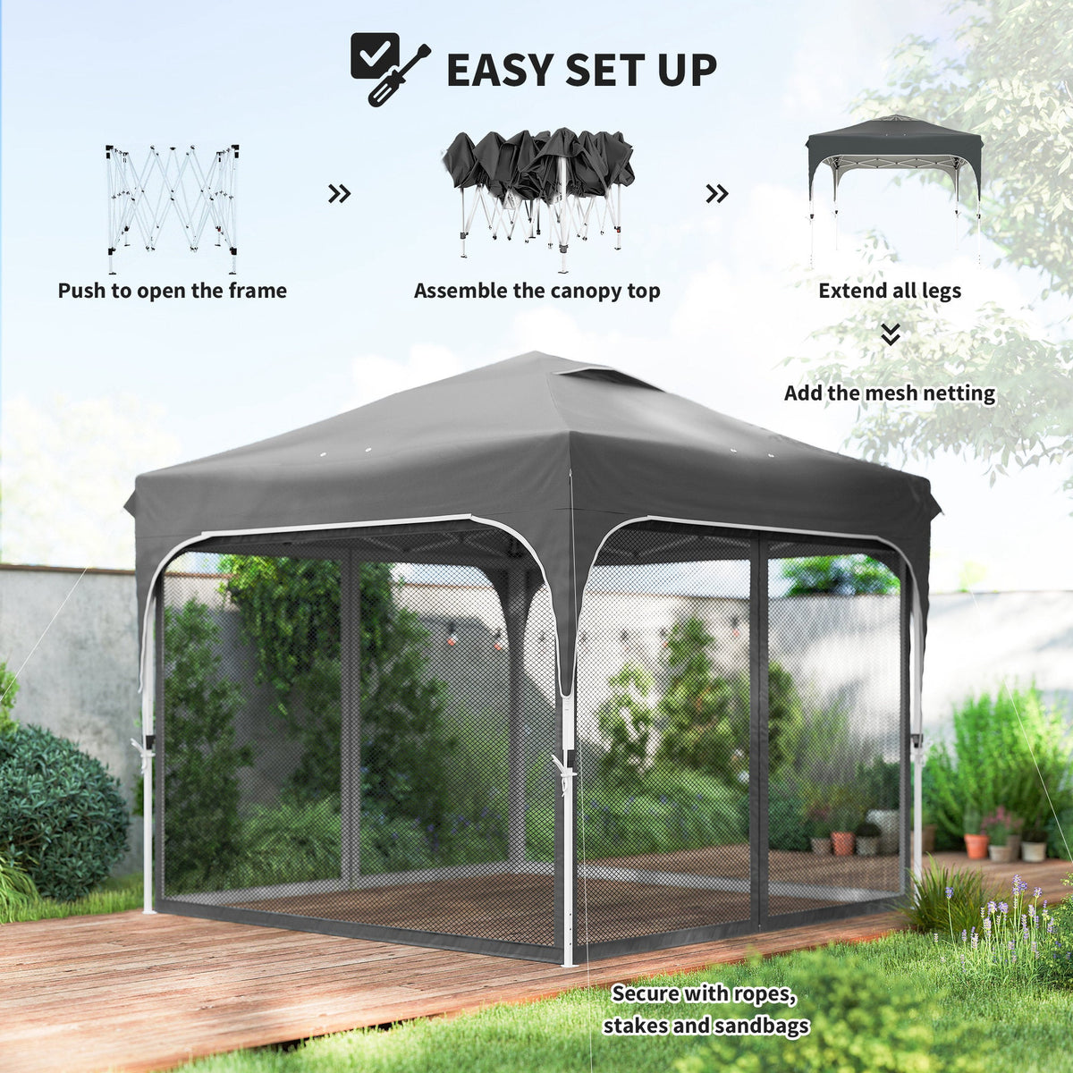 10 x 10 ft Pop Up Canopy Tent with Mosquito Netting and Sandbags, Dark Grey