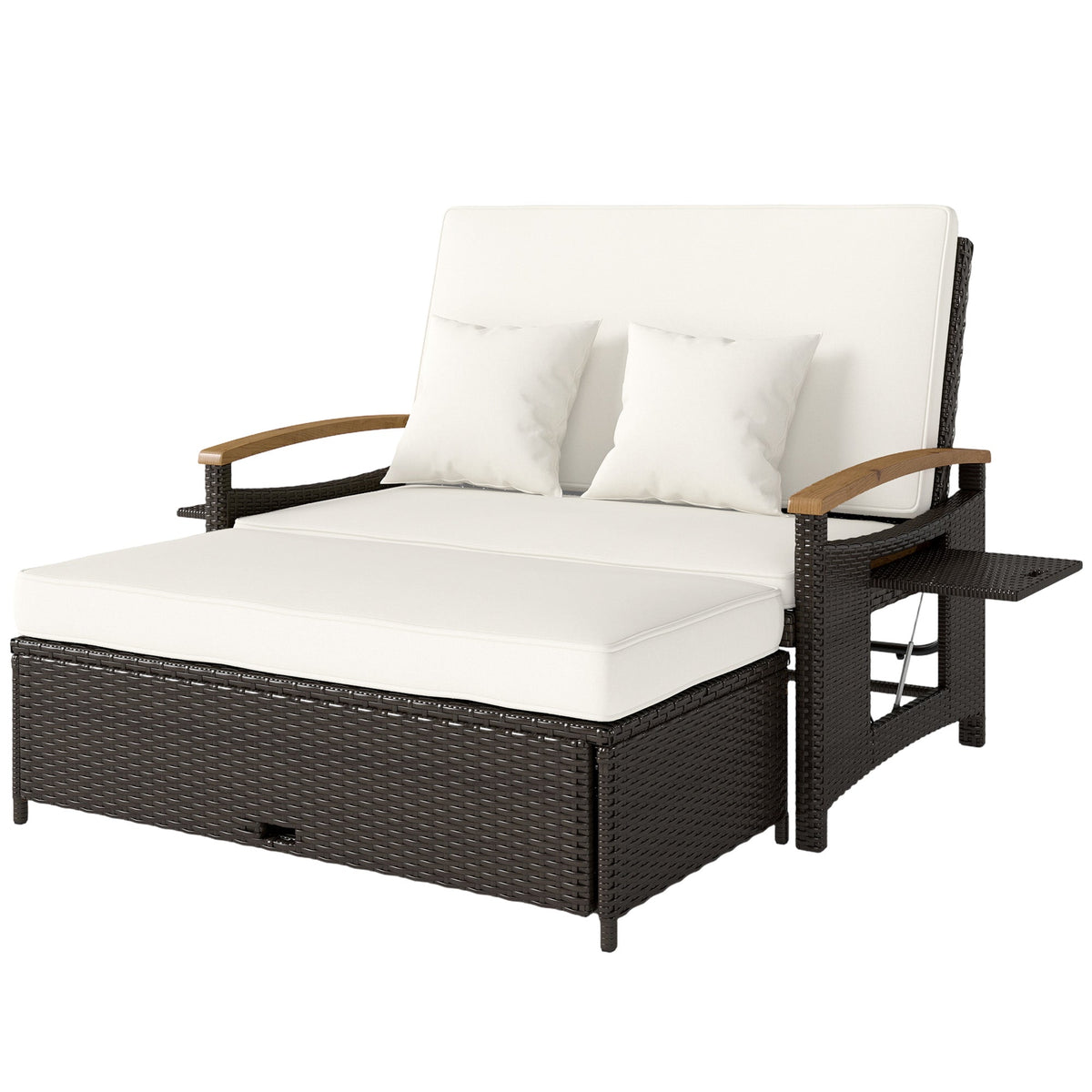 Rattan Daybed with Adjustable Backrest, Storage Ottoman, Beige