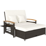Rattan Daybed with Adjustable Backrest, Storage Ottoman, Beige