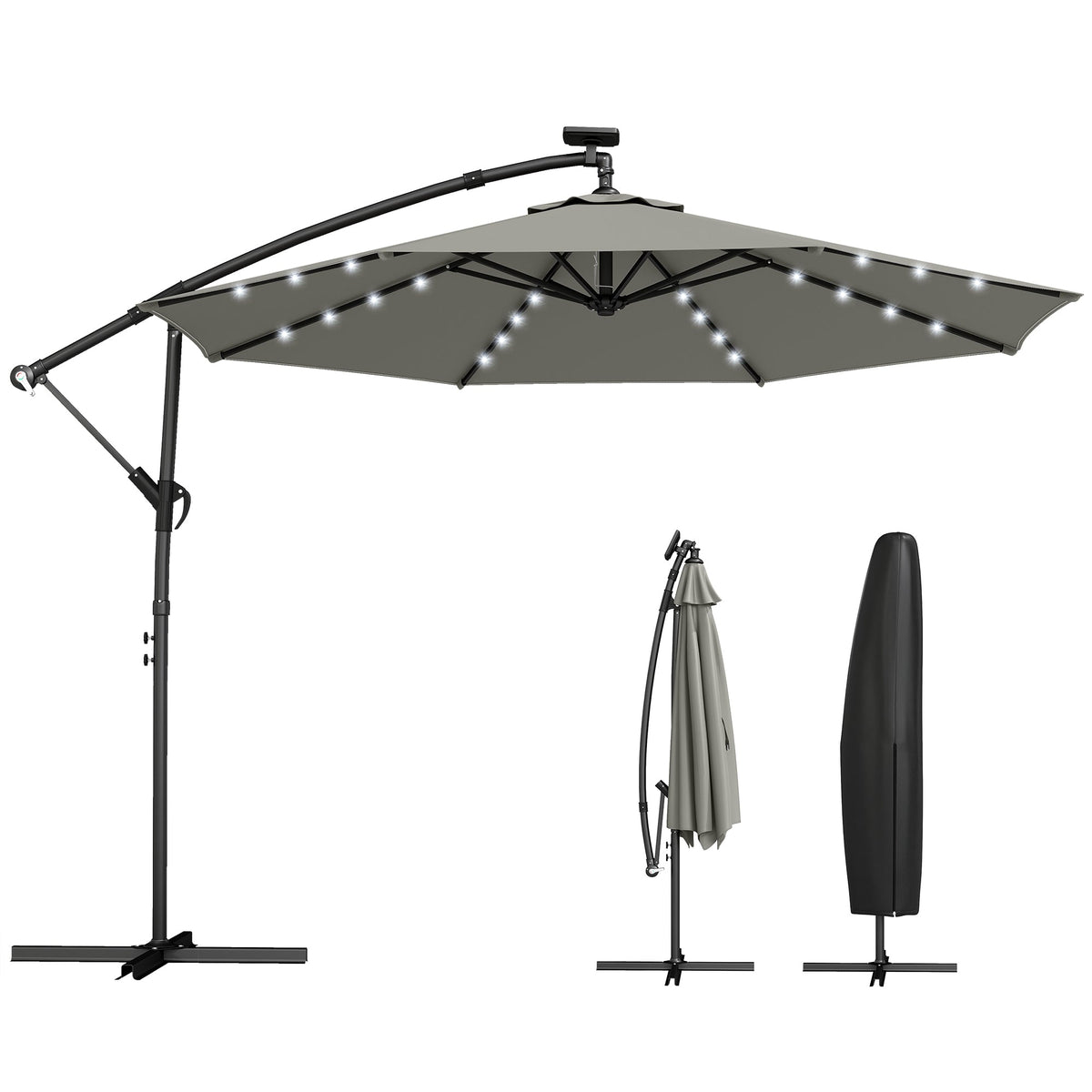 9.7 ft Cantilever Patio Umbrella with Solar LED Light and Cover, Grey