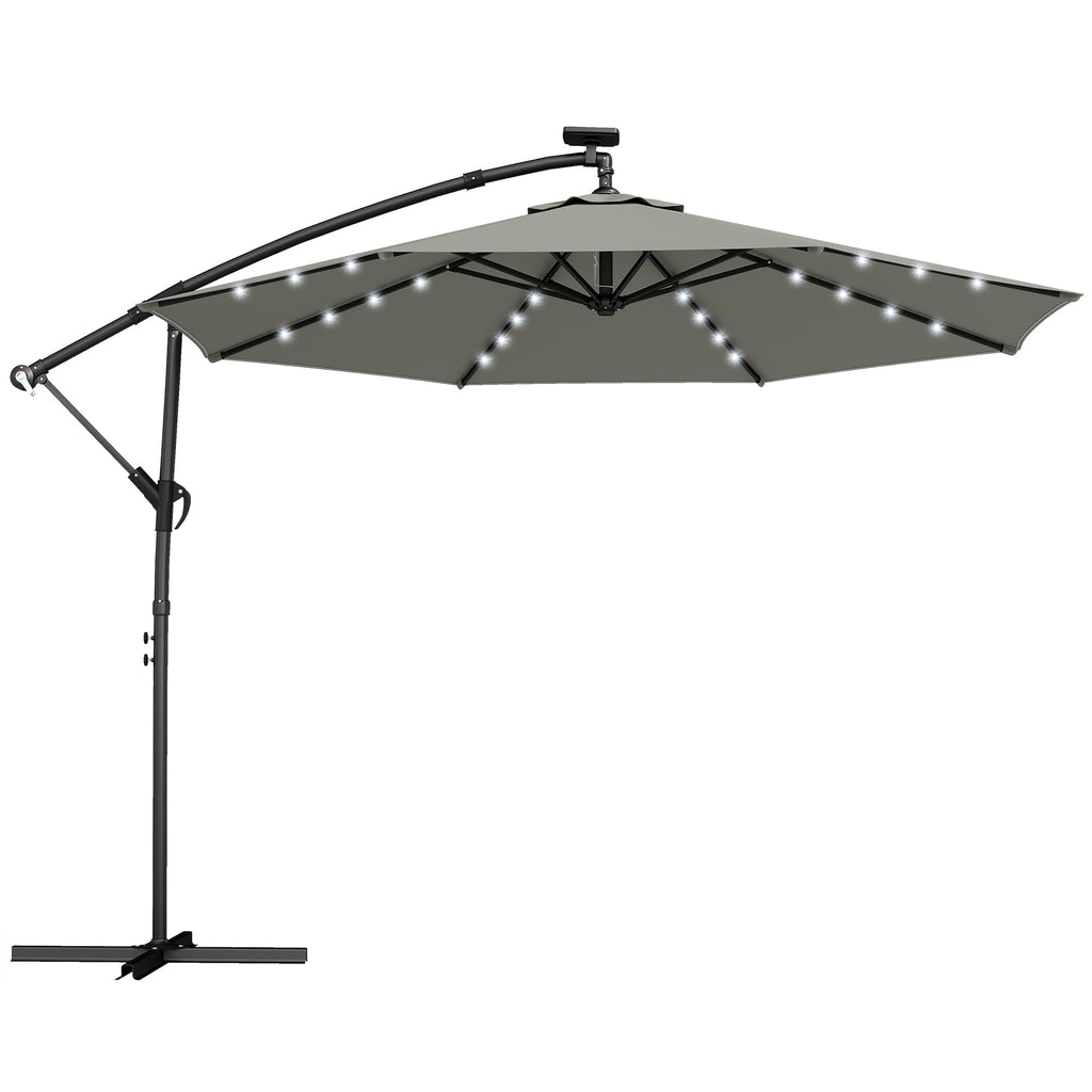 9.7 ft Cantilever Patio Umbrella with Solar LED Light and Cover, Grey