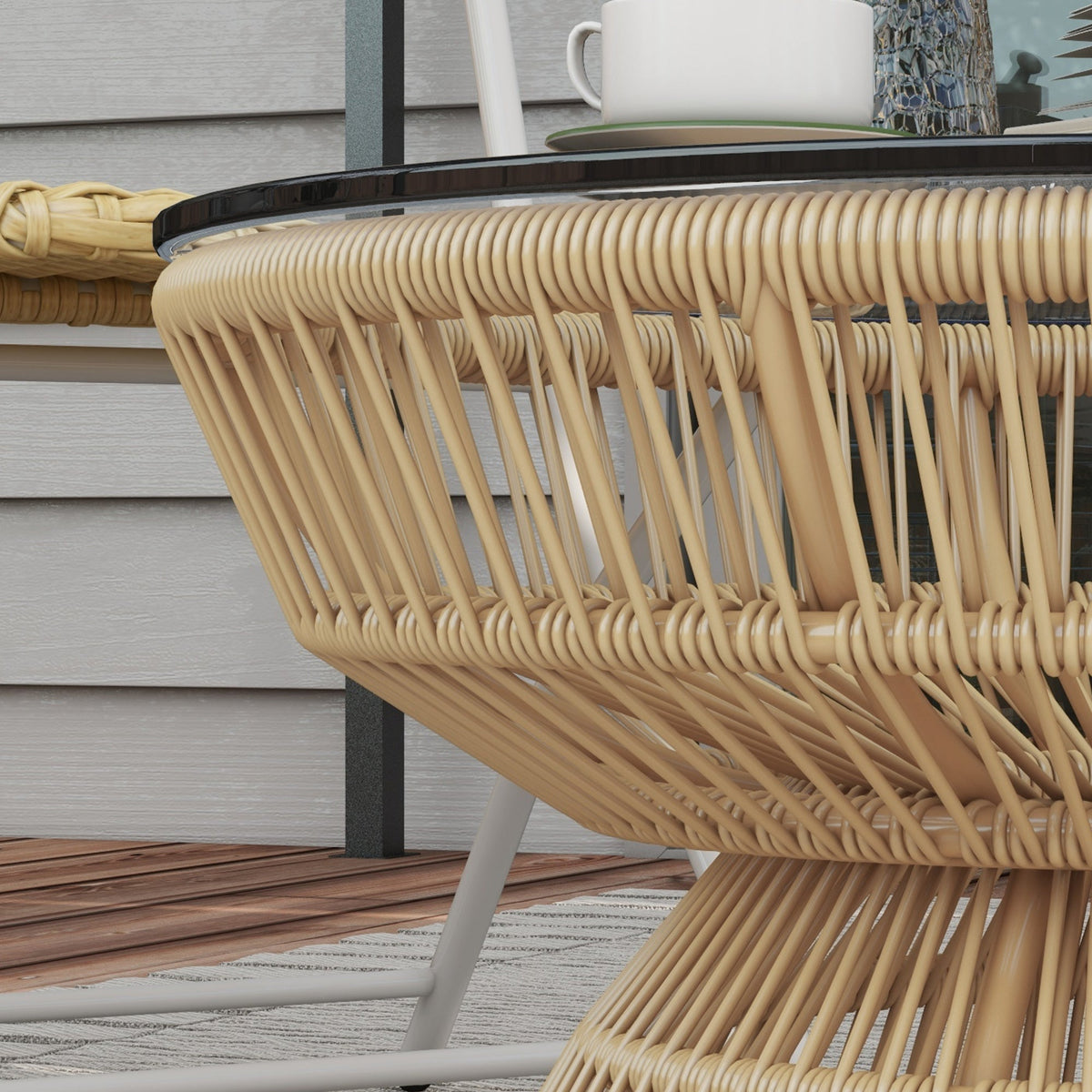 Rattan Outdoor Coffee Table with Tempered Glass Top, Nature Wood