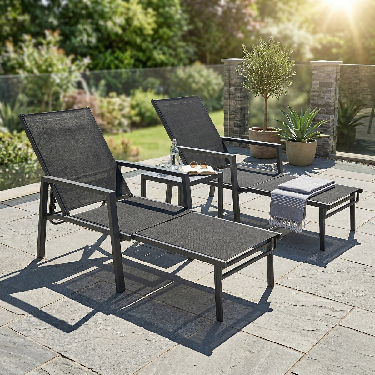 Set of 2 Adjustable Sun Loungers with Retractable Footrest, Steel Frame, Black