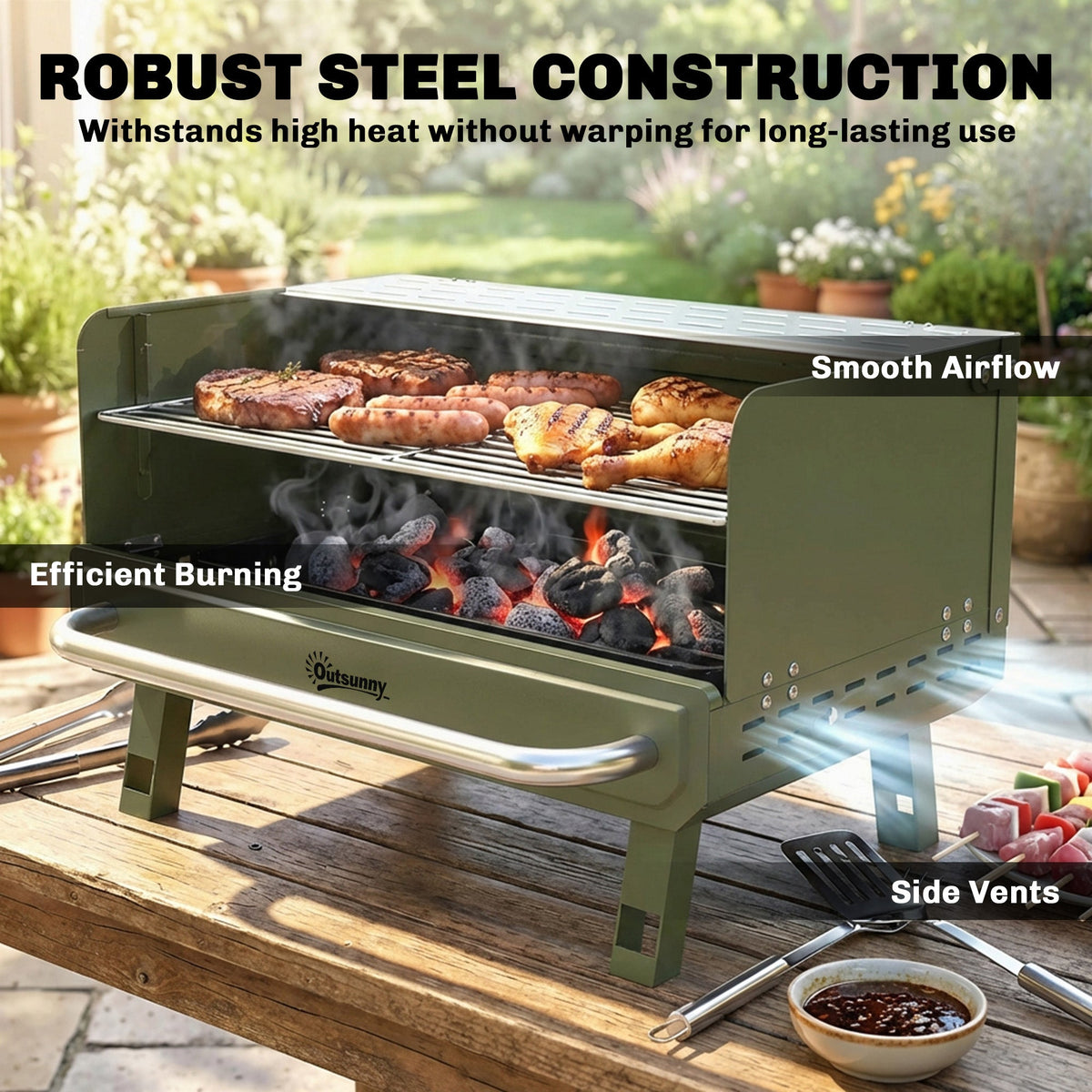 Portable Charcoal BBQ Grill with Adjustable Grates and Side Shelf, Green