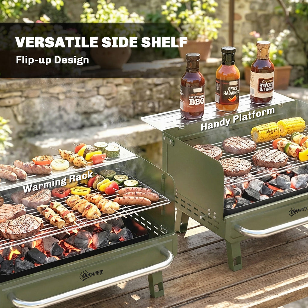 Portable Charcoal BBQ Grill with Adjustable Grates and Side Shelf, Green