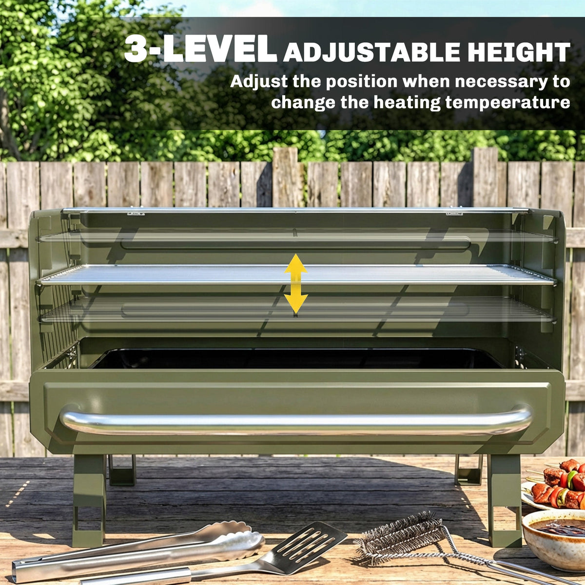 Portable Charcoal BBQ Grill with Adjustable Grates and Side Shelf, Green