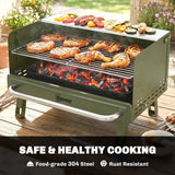 Portable Charcoal BBQ Grill with Adjustable Grates and Side Shelf, Green