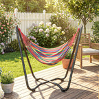 Fabric Patio Hammock with Steel Stand, Free-Standing Lounge Bed, Multi-Colored
