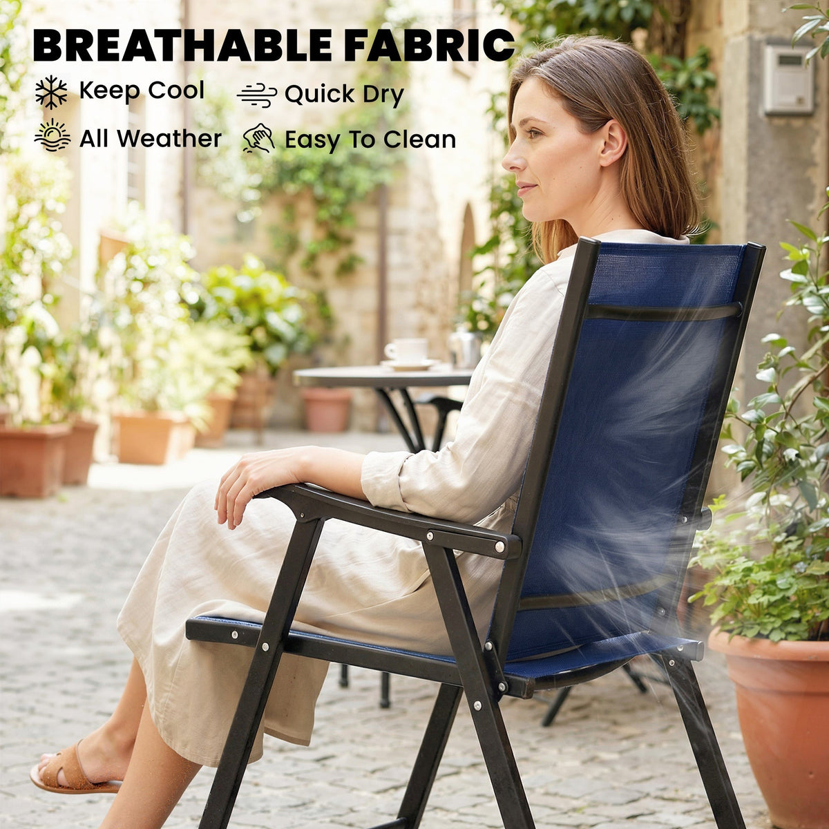 Set of 4 Folding Garden Chairs with High Back and Armrests, Navy Blue
