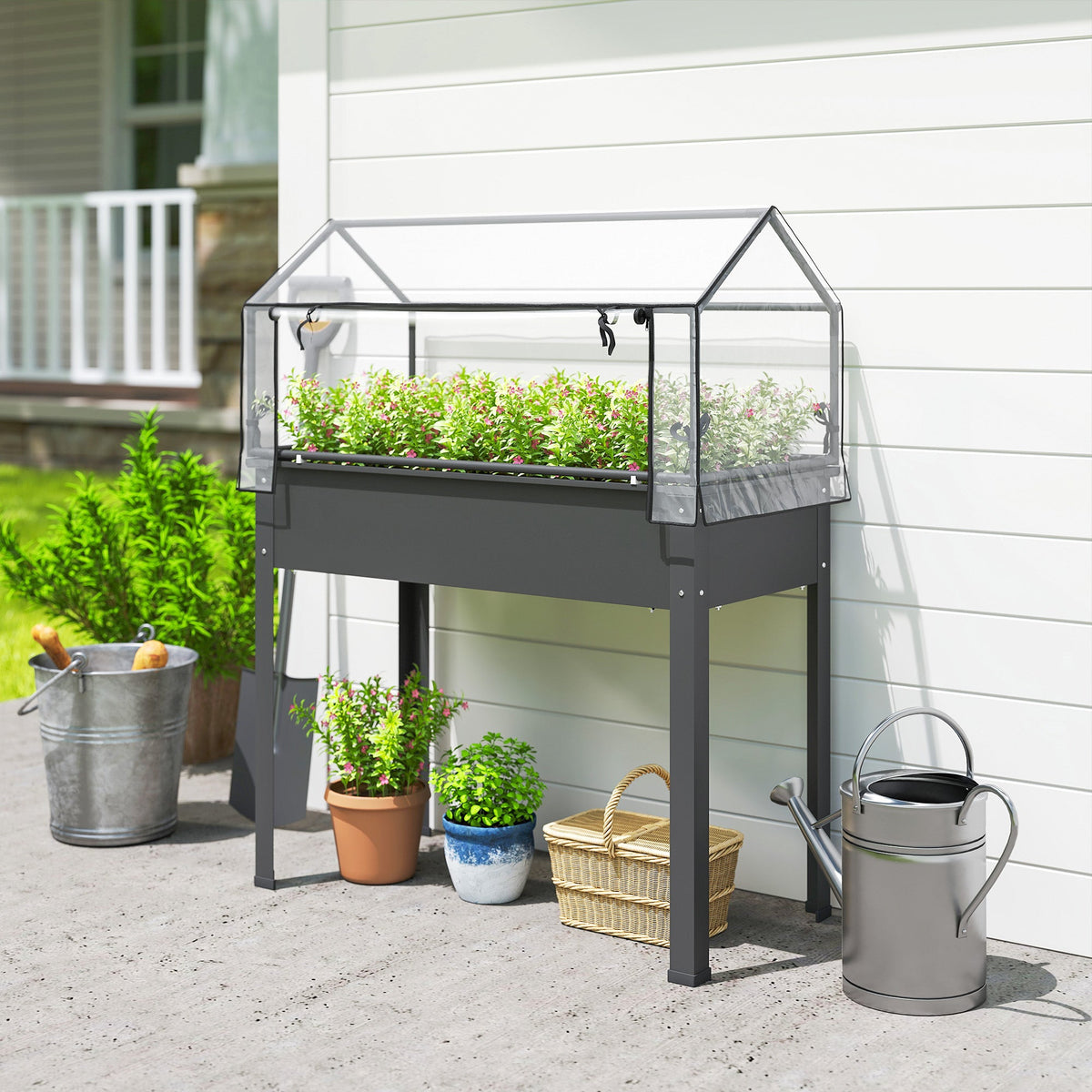 39.4" x 18.9" x 48.8" Raised Garden Bed with Cover, Dark Gray