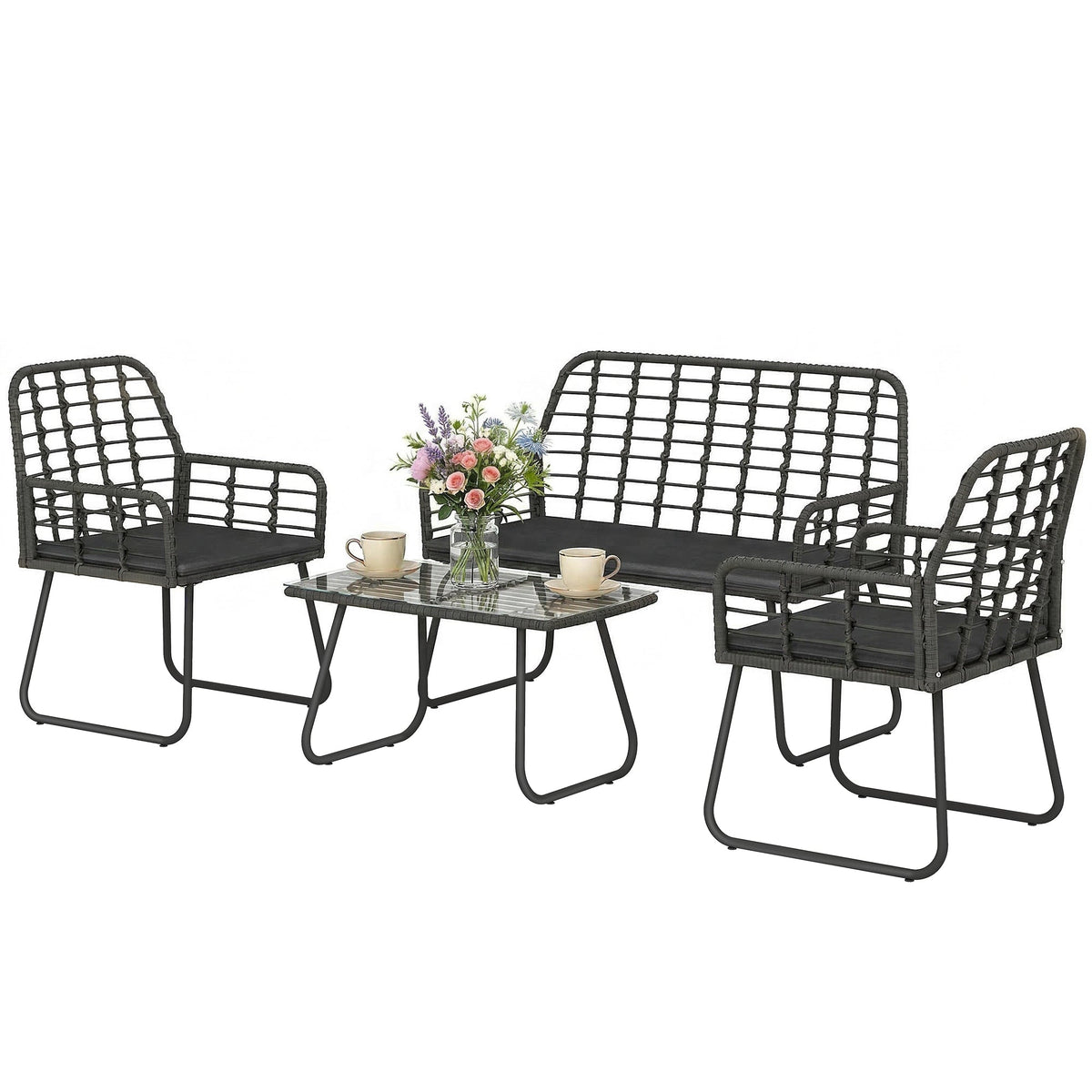 4 Piece Rattan Garden Furniture Set with Loveseat and Coffee Table, Black