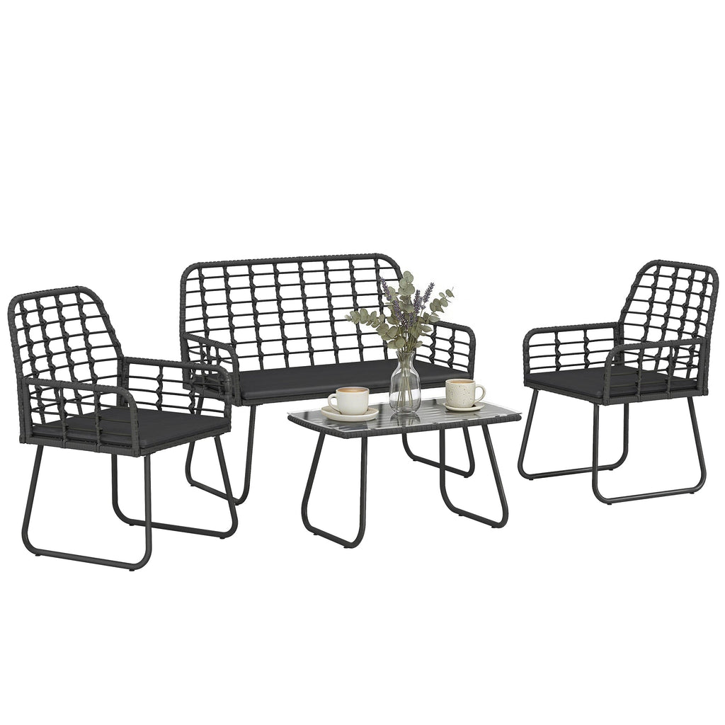 4 Piece Rattan Garden Furniture Set with Loveseat and Coffee Table, Black