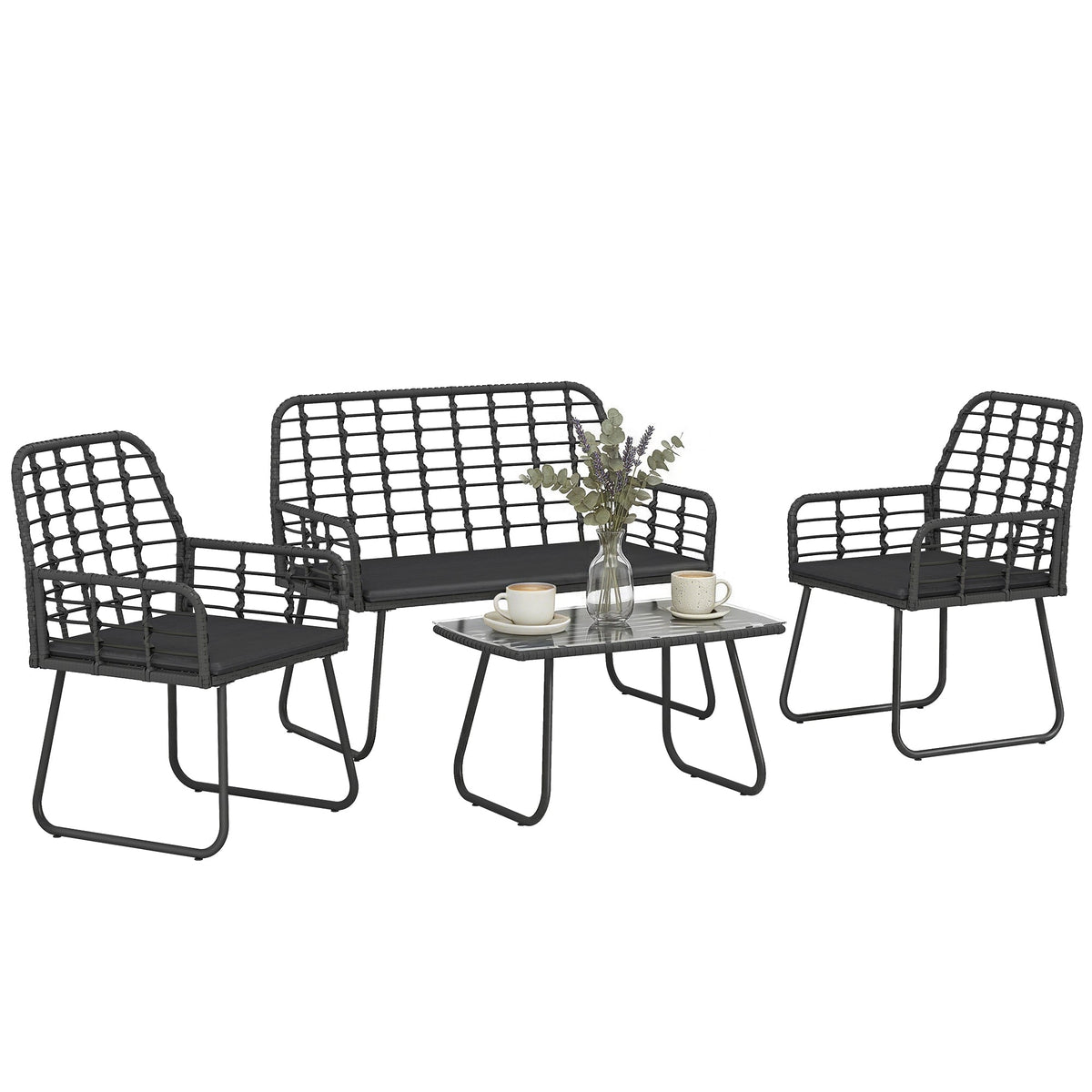 4 Piece Rattan Garden Furniture Set with Loveseat and Coffee Table, Black