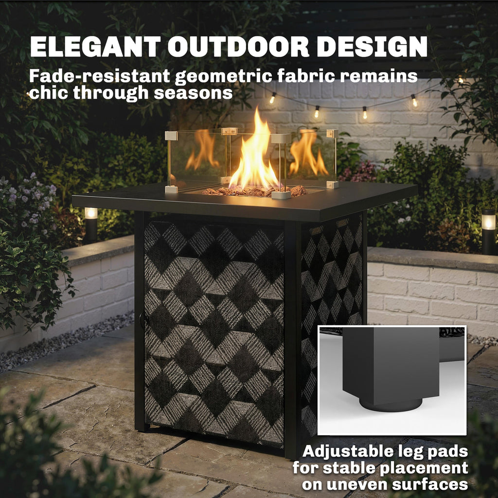 12 KW Square Propane Gas Fire Pit Table with Wind Guard, Black