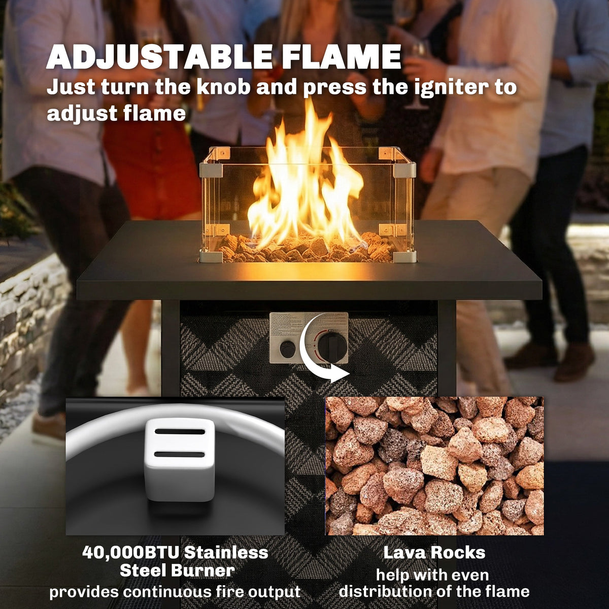 12 KW Square Propane Gas Fire Pit Table with Wind Guard, Black