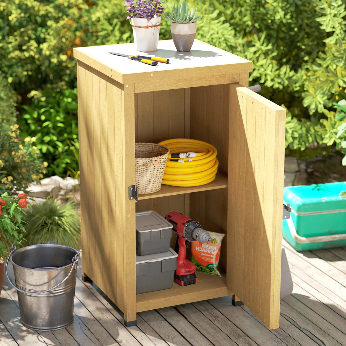 Wooden Garden Shed with Galvanised Top, Shelf and Door, Light Brown