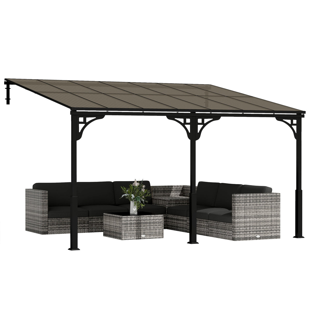 4 x 3 m Metal Lean-to Pergola with Polycarbonate Roof, Brown