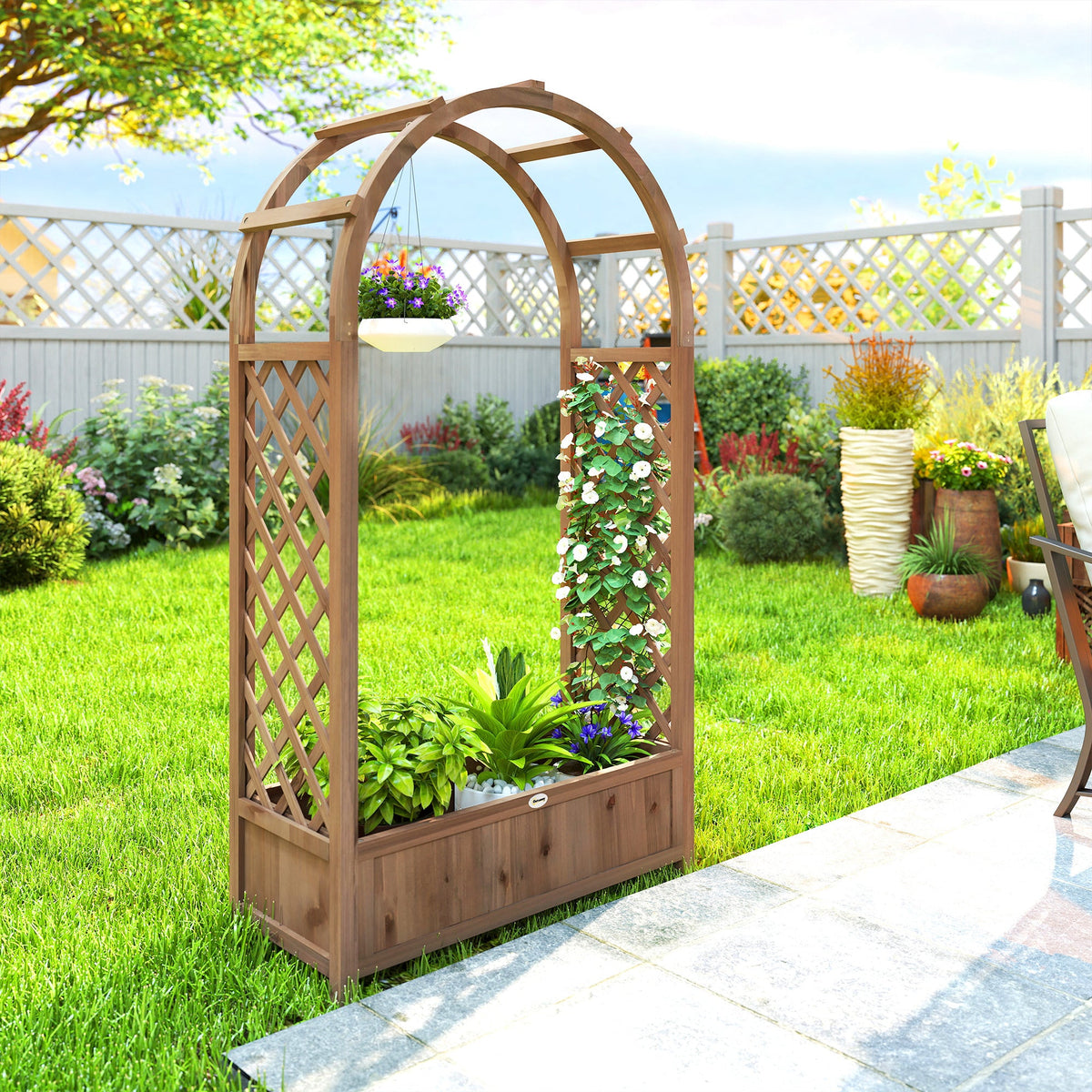59.8" Raised Garden Bed with Arch Trellis for Climbing Plants, Dark Brown
