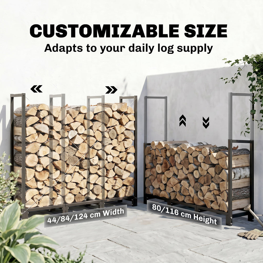 4 ft Firewood Rack with Customizable Width & Height, Cable Reinforcement, 616 lb Capacity, Black