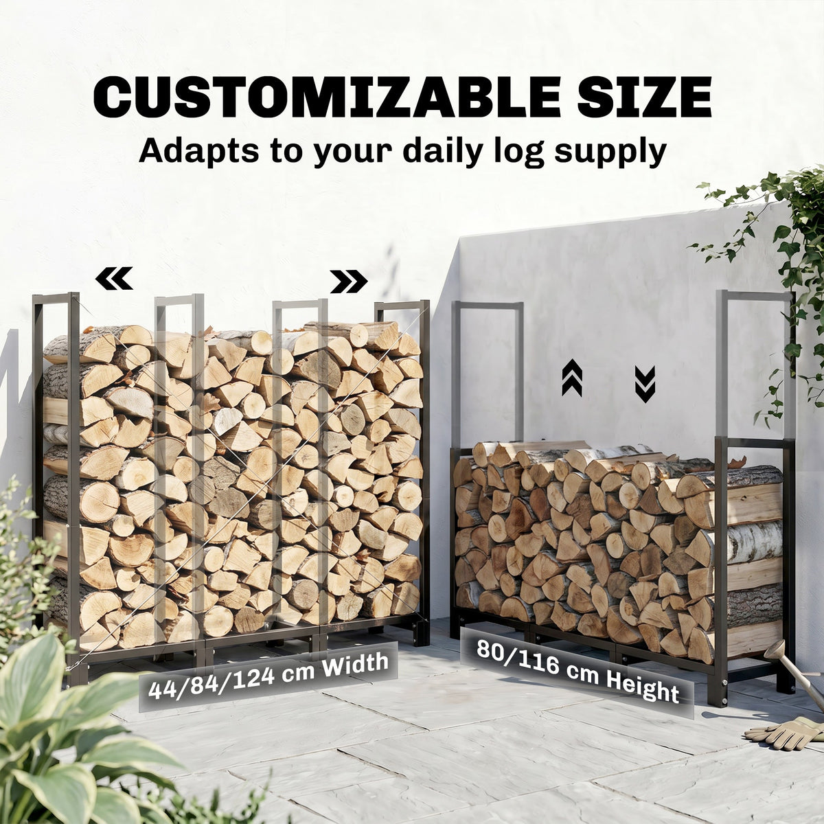 4 ft Firewood Rack with Customizable Width & Height, Cable Reinforcement, 616 lb Capacity, Black