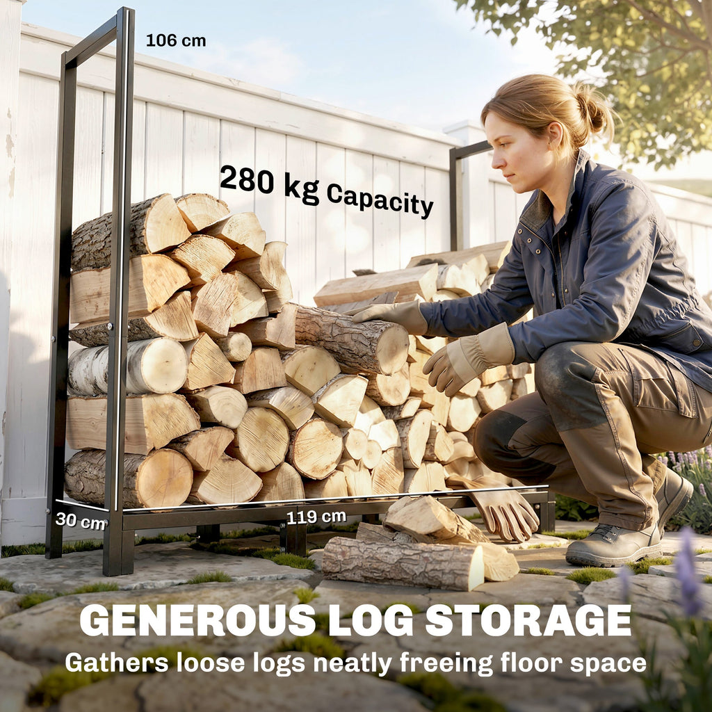 4 ft Firewood Rack with Customizable Width & Height, Cable Reinforcement, 616 lb Capacity, Black