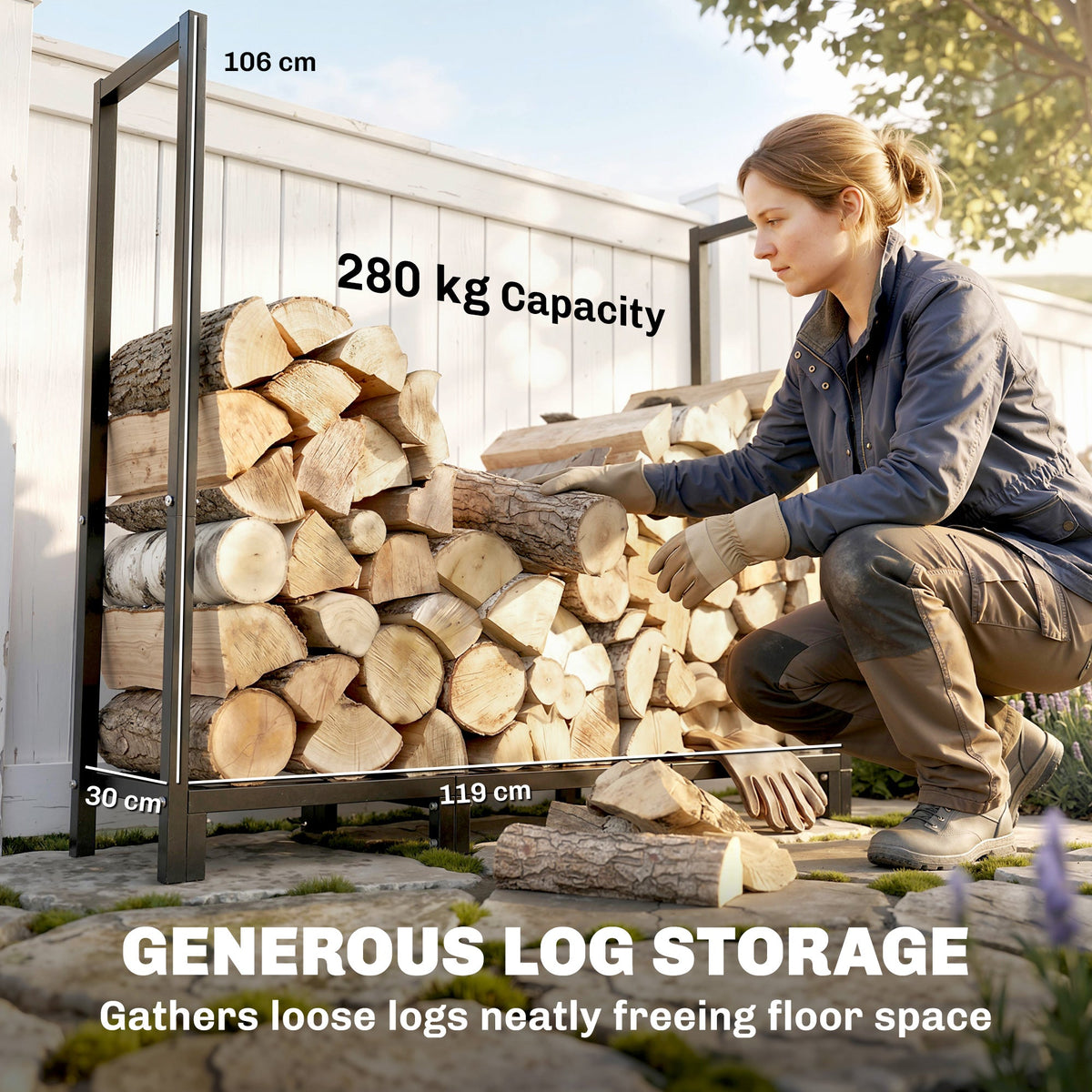 4 ft Firewood Rack with Customizable Width & Height, Cable Reinforcement, 616 lb Capacity, Black