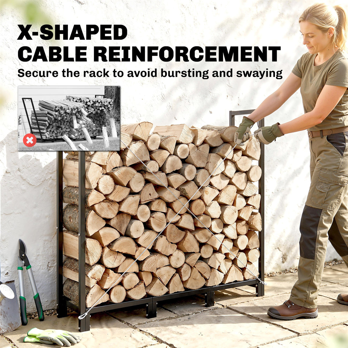 4 ft Firewood Rack with Customizable Width & Height, Cable Reinforcement, 616 lb Capacity, Black