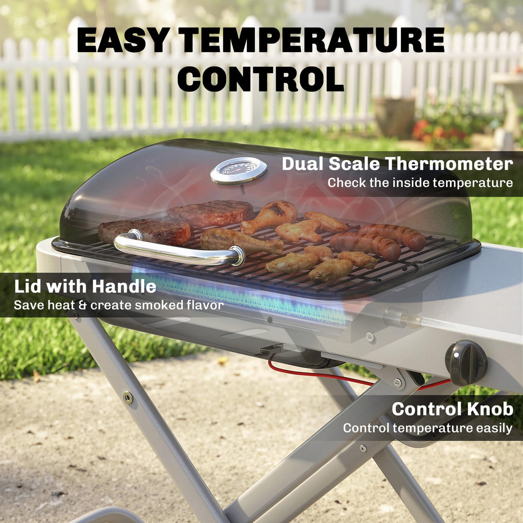Foldable Gas BBQ Grill with Side Table & Trolley, Grease Box, 2.5 kW, Black
