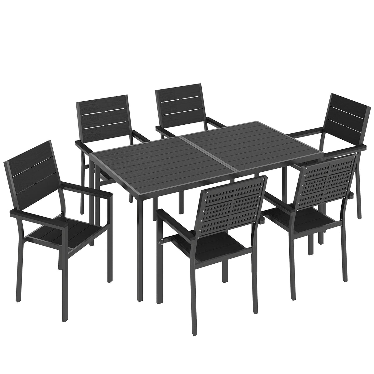 7-Piece Outdoor Dining Set with Slatted Tabletop and Metal Frame for 6, Black
