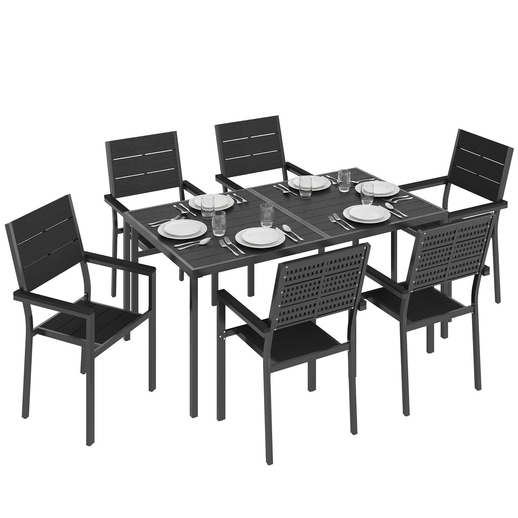 7-Piece Outdoor Dining Set with Slatted Tabletop and Metal Frame for 6, Black