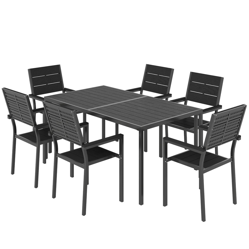 7-Piece Outdoor Dining Set with Slatted Tabletop and Metal Frame for 6, Black