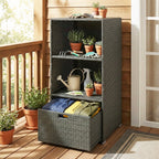 Pool Towel Rack with 2 Shelves and Basket Drawer, PE Rattan, Dark Gray