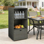 Pool Towel Rack with 2 Shelves and Basket Drawer, PE Rattan, Dark Gray