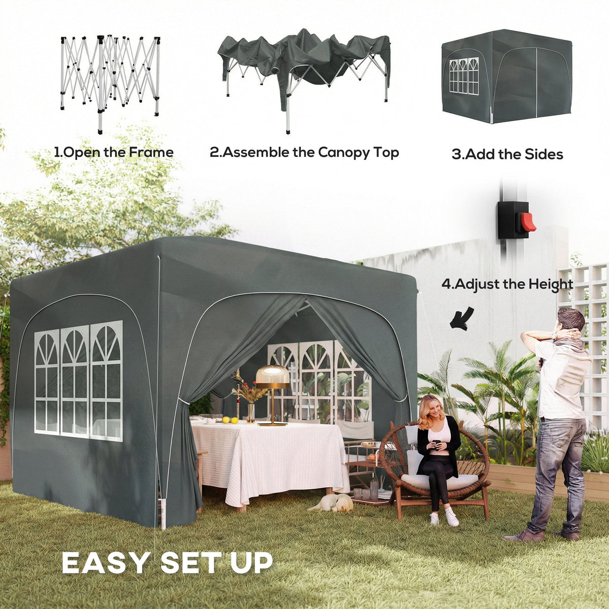 3 x 3 m Pop Up Gazebo with Sides, Carry Bag and UPF50+, Dark Grey