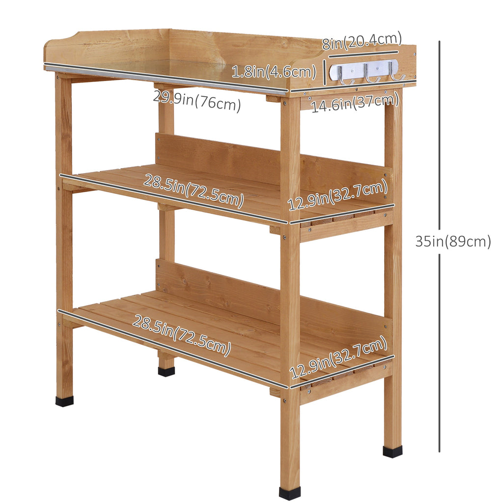Wooden Potting Bench with Metal Top, Shelf and Hooks, Natural