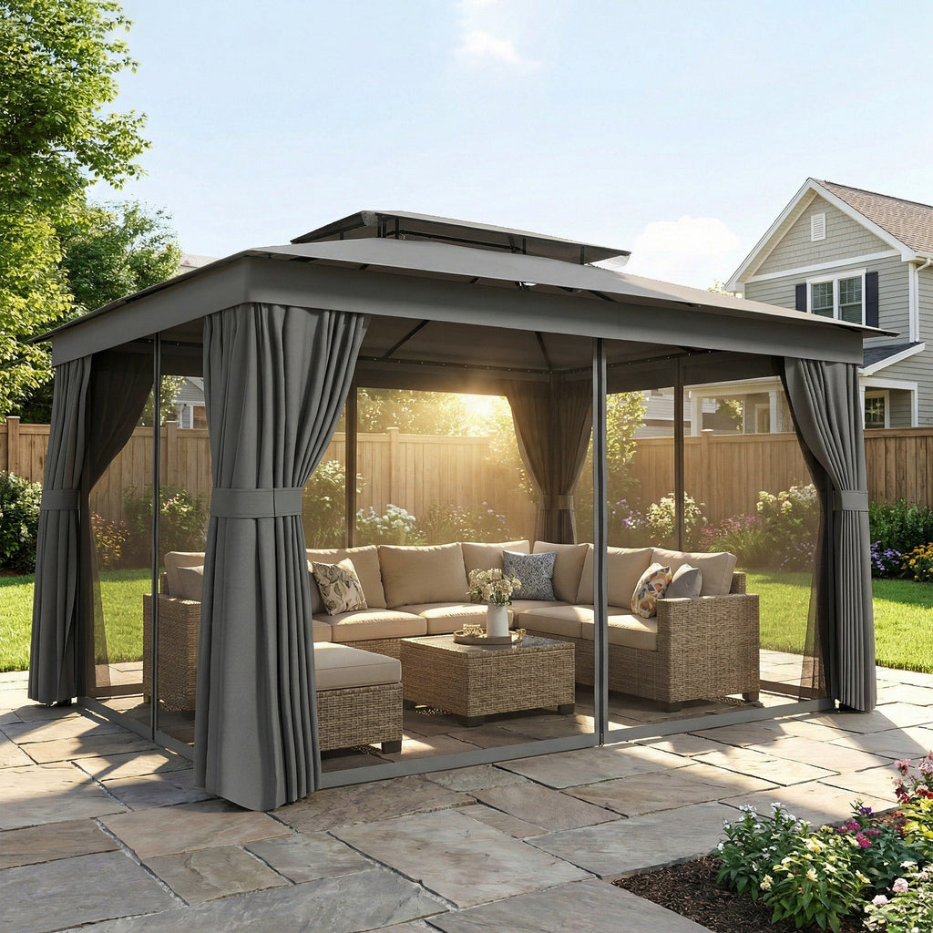 10' x 12.5' Outdoor Gazebo with Double Roof, Curtains and Netting, Dark Grey