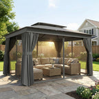 10' x 12.5' Outdoor Gazebo with Double Roof, Curtains and Netting, Dark Grey