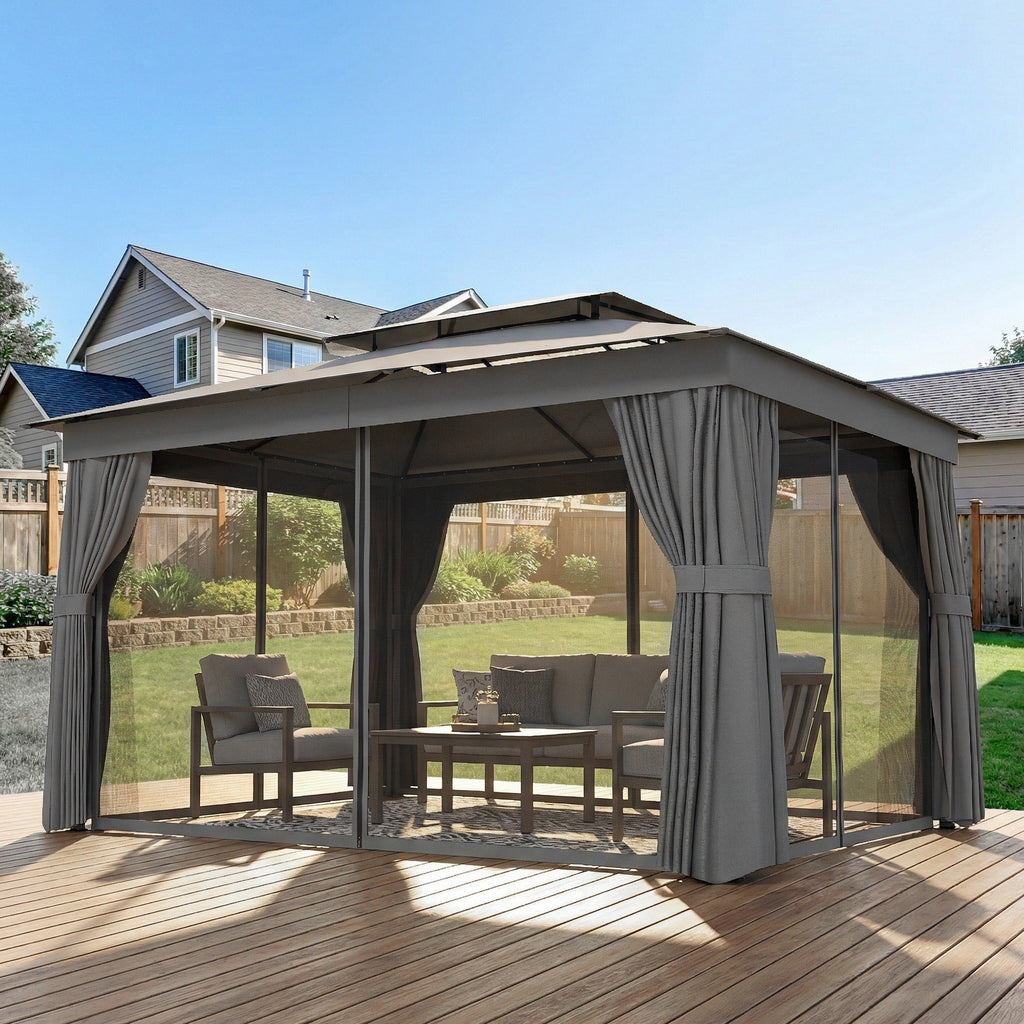 10' x 12.5' Outdoor Gazebo with Double Roof, Curtains and Netting, Dark Grey