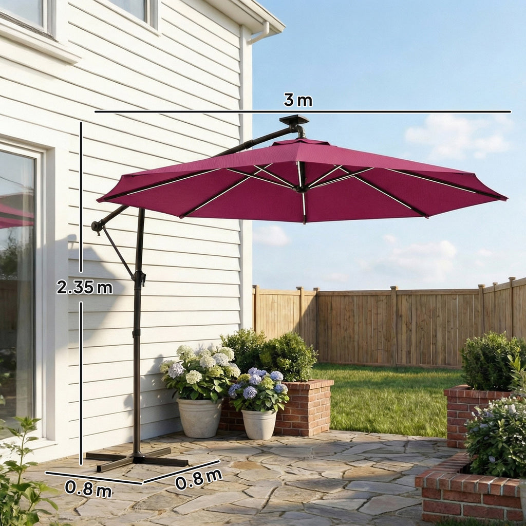 3 m Cantilever Parasol with Solar LED Light, Cover & 360° Rotation, Wine Red
