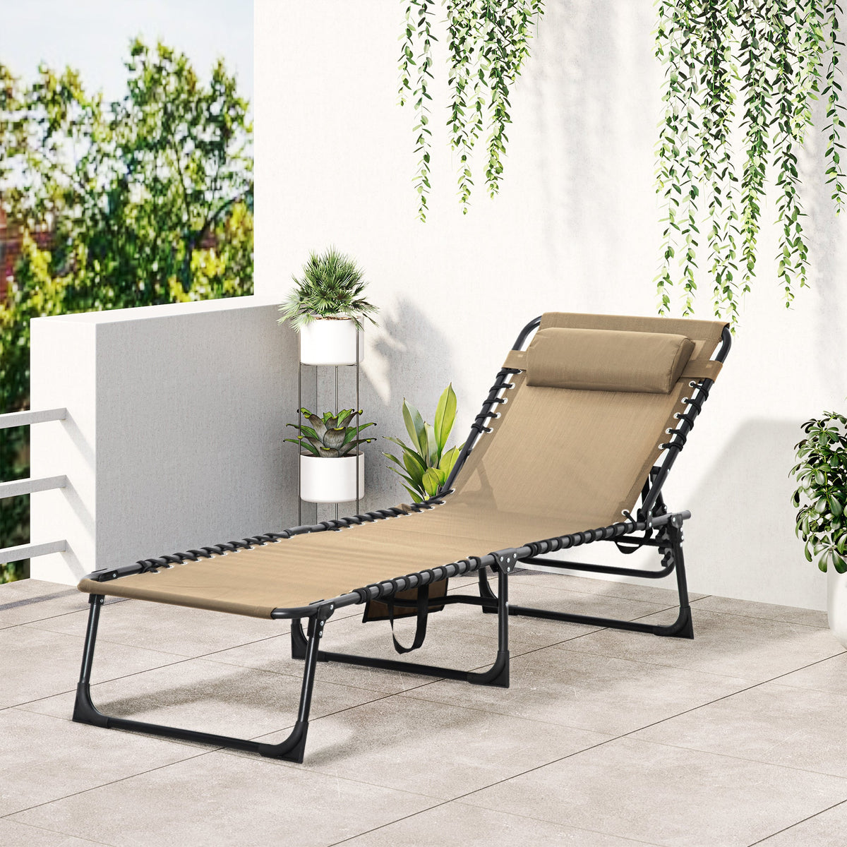 Folding Lounge Chair with Adjustable Backrest and Pillow, Beige