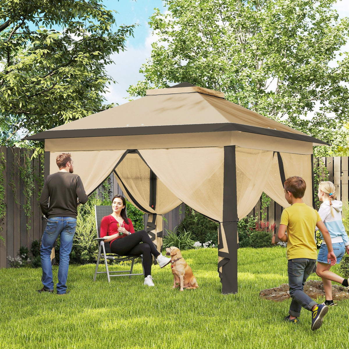 11' x 11' Pop Up Canopy with Double Roof and Mesh Sidewalls, Beige