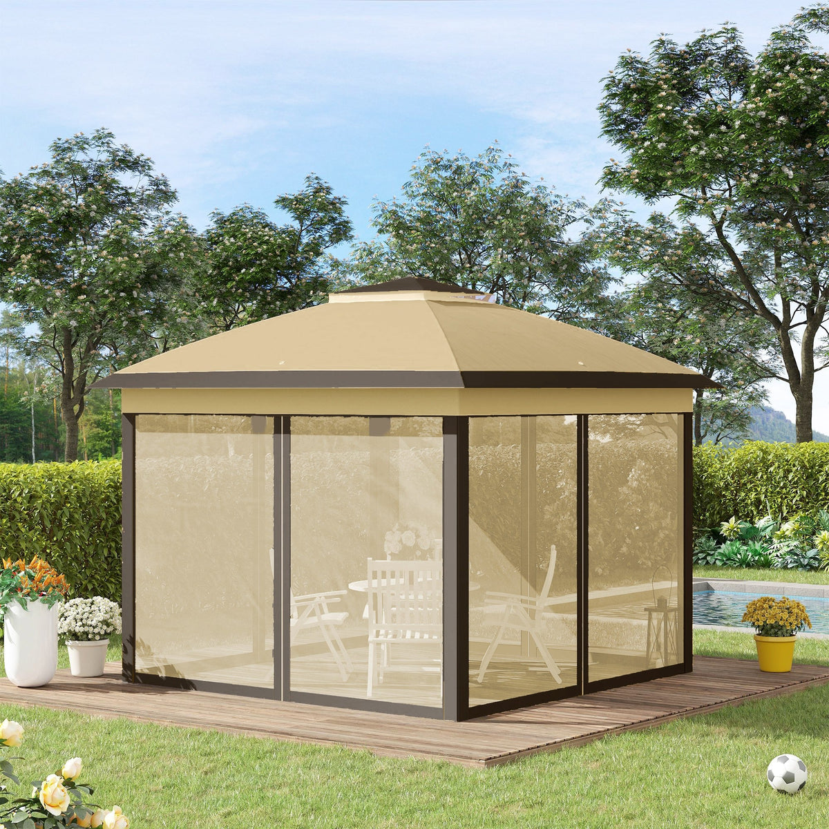 11' x 11' Pop Up Canopy with Double Roof and Mesh Sidewalls, Beige