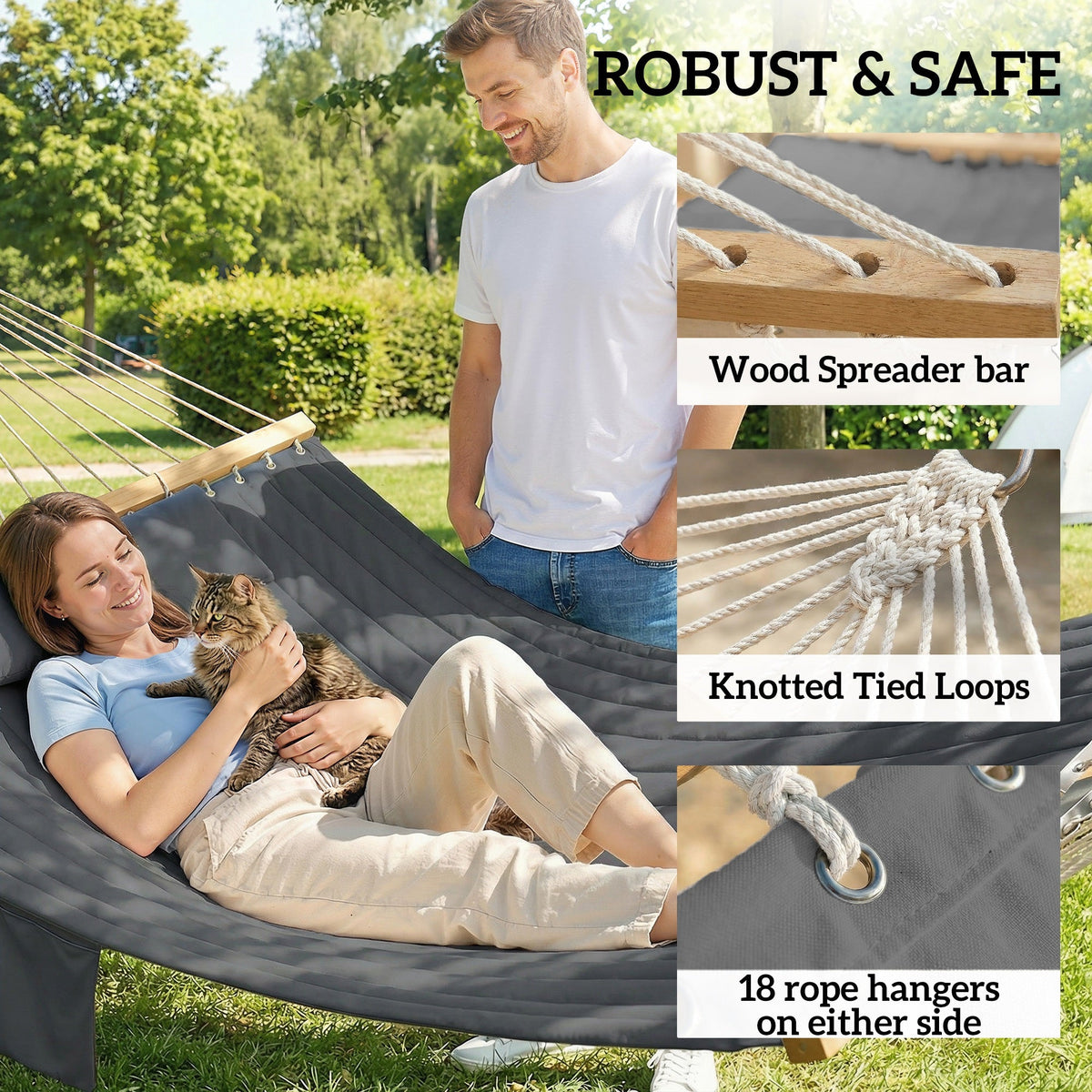 200 x 140 cm Double Hammock with Pillow and Pad, Grey