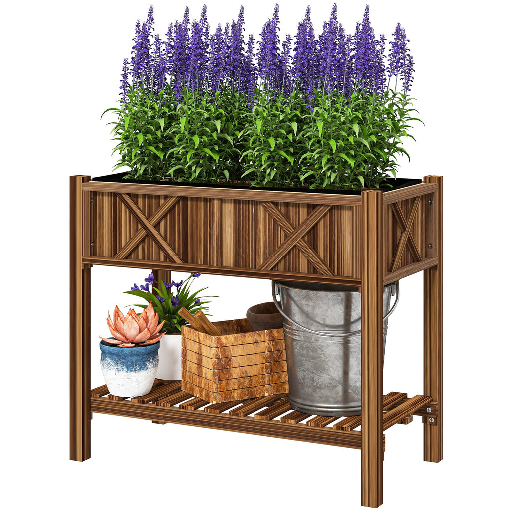 34" x 18" x 30" Wooden Raised Garden Bed with Shelf, Carbonized