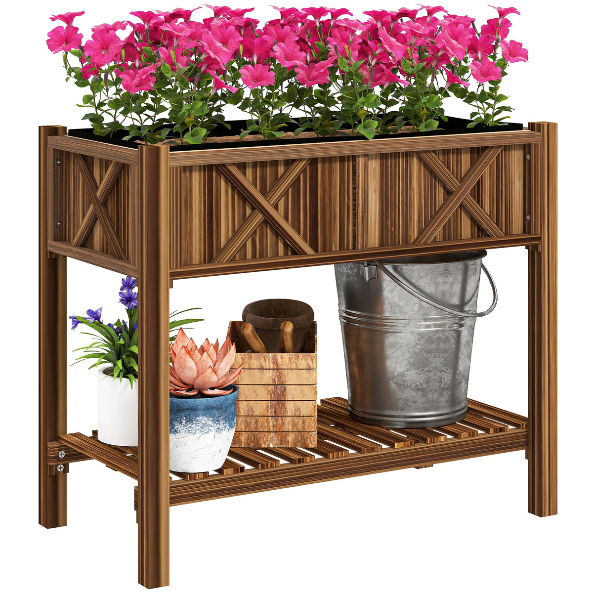 34" x 18" x 30" Wooden Raised Garden Bed with Shelf, Carbonized