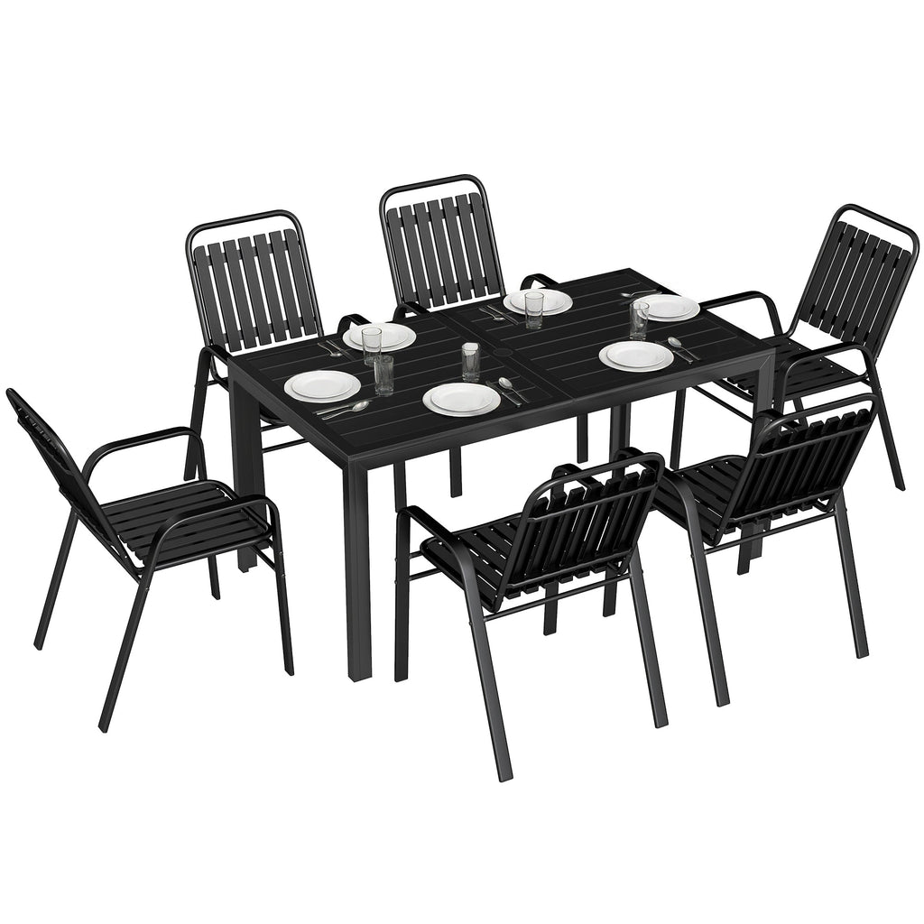 7 Piece Garden Dining Set with Stackable Chairs and Umbrella Hole, Black